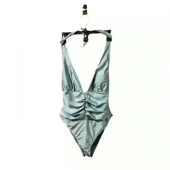 🟣CUPSHE Metallic Blue Green Ruched One piece Halter Tummy Control Swimsuit XL - Picture 1 of 5